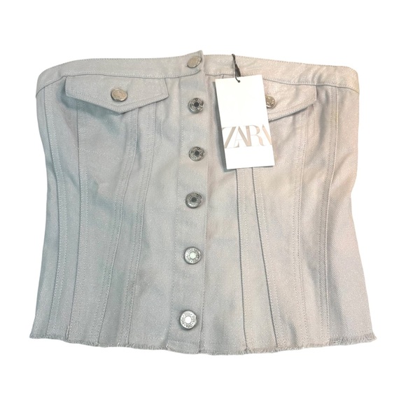 ZARA Women’s Strapless Button Front Corset Style Denim CroppedTop Sz:S SilverNWT - Picture 10 of 16